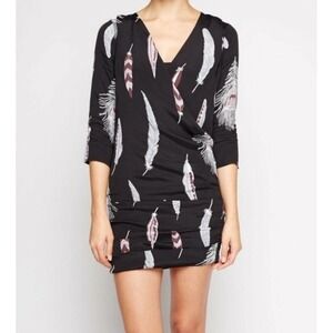 Line & Dot Tribal Feather Print Shift Dress Women Medium Faux Wrap Mini Festival